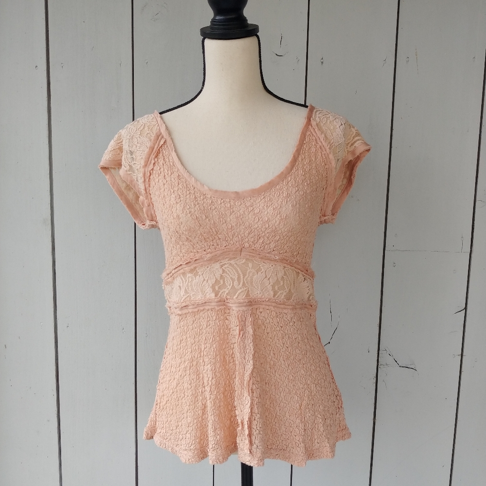 FREE PEOPLE | Blush Pink Besties Lace Button Down Tee